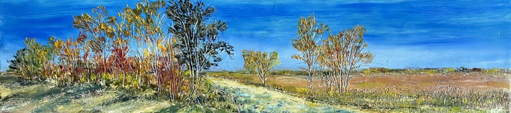 A painting of trees in the middle of an open field.