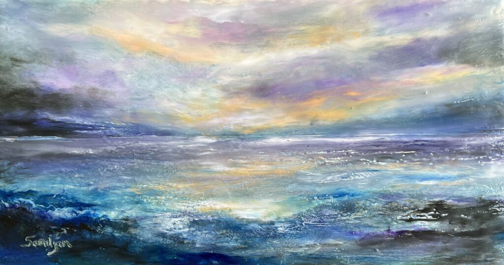 Calm at Sea encaustic and oil sticks on panel 6” x 12”