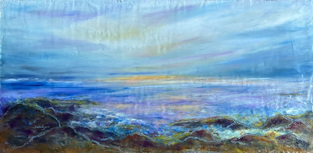 A painting of the ocean with waves coming in.