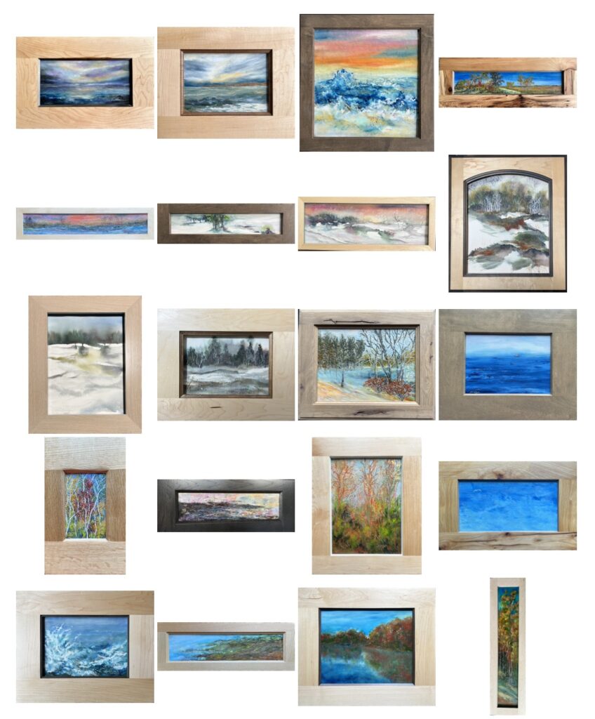 Framed landscape paintings arranged in a grid.