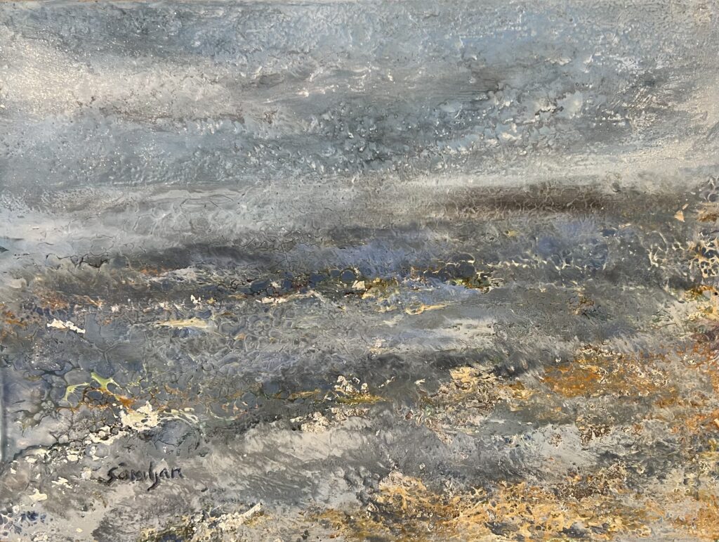 A painting of the ocean with waves crashing on it.