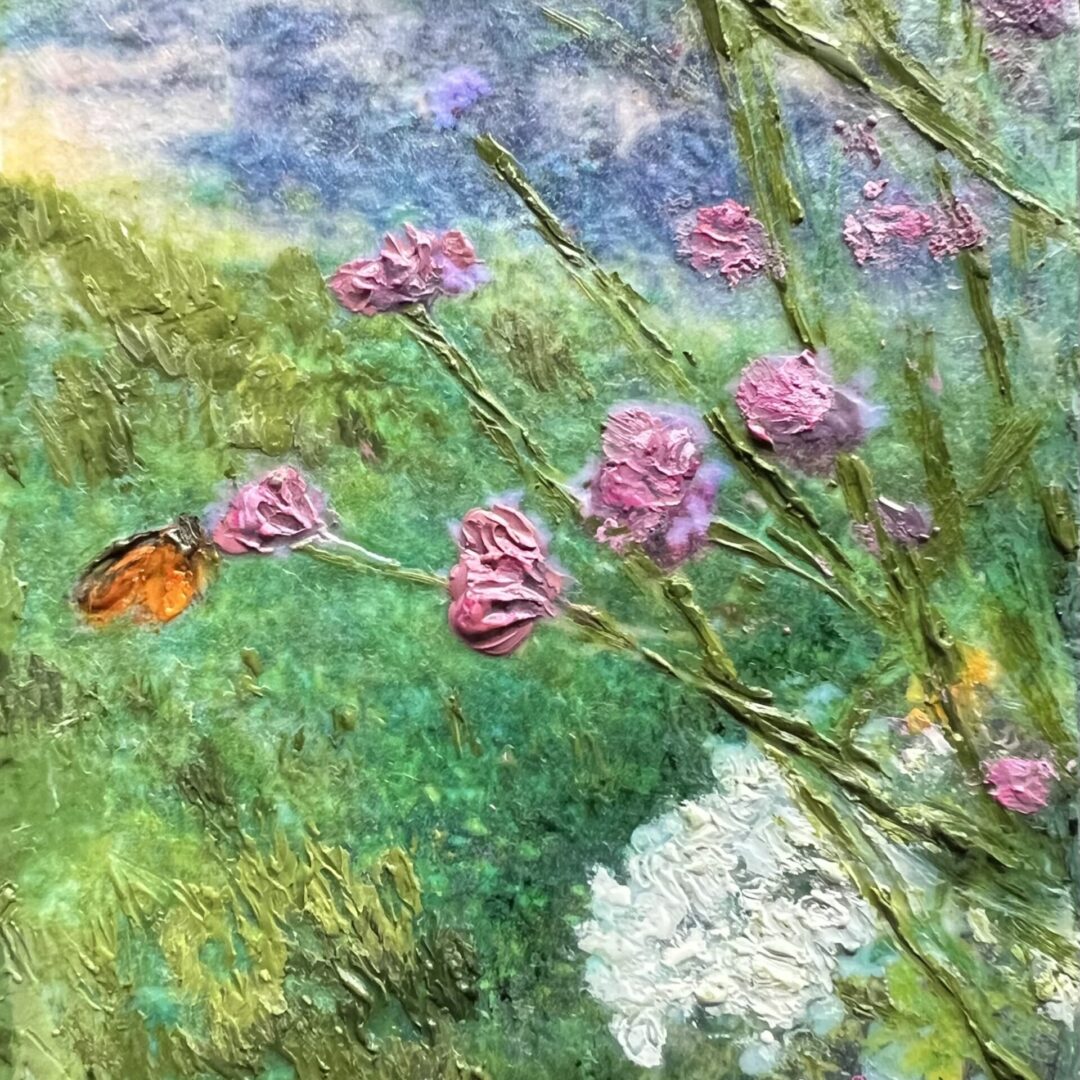 A painting of flowers and a butterfly in the grass.