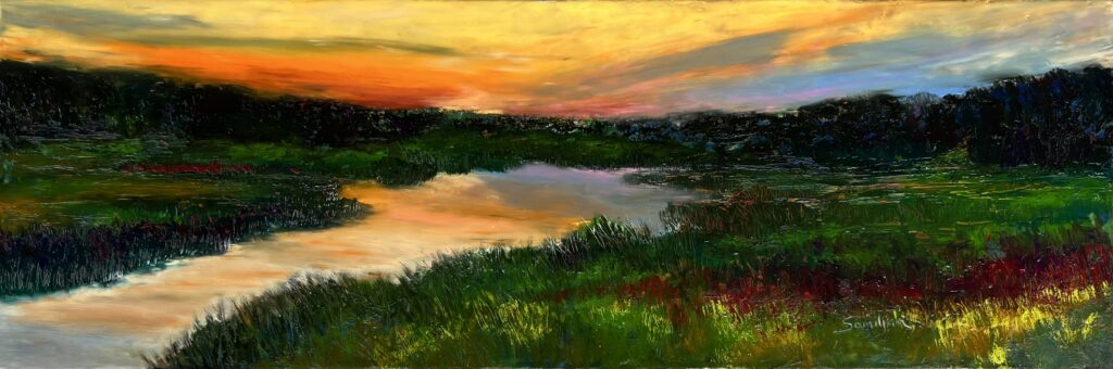 A painting of the sunset over a lake