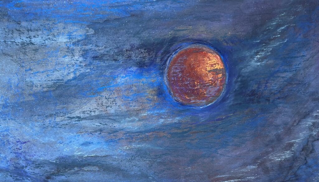 Abstract blue textured painting with red orb