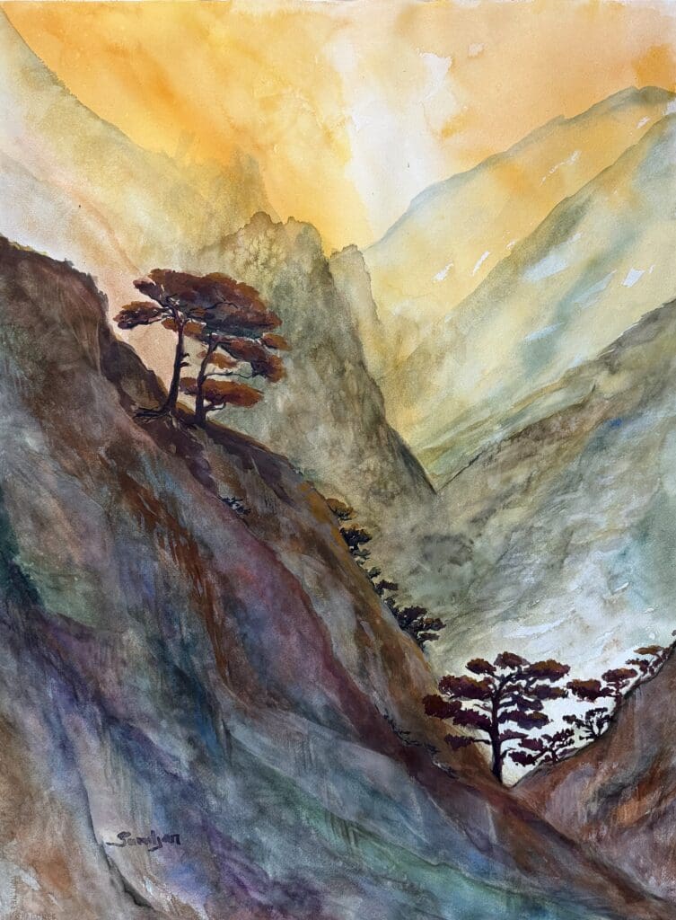 Watercolor mountain landscape with clifftop pines