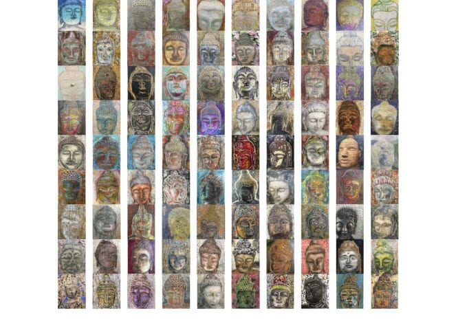 Collage of diverse face illustrations, titled "Meditations".