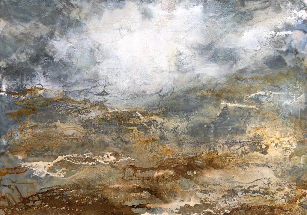 Abstract landscape with earthy, cloudy textures.
