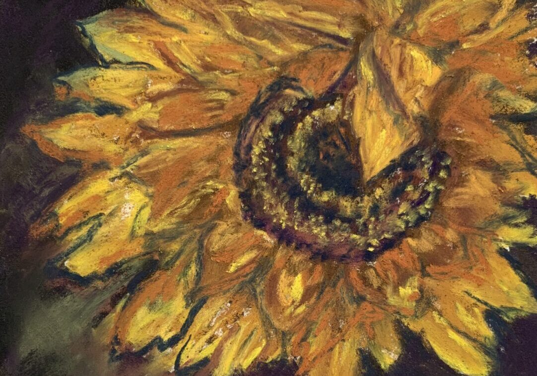 A painting of a sunflower with yellow petals.
