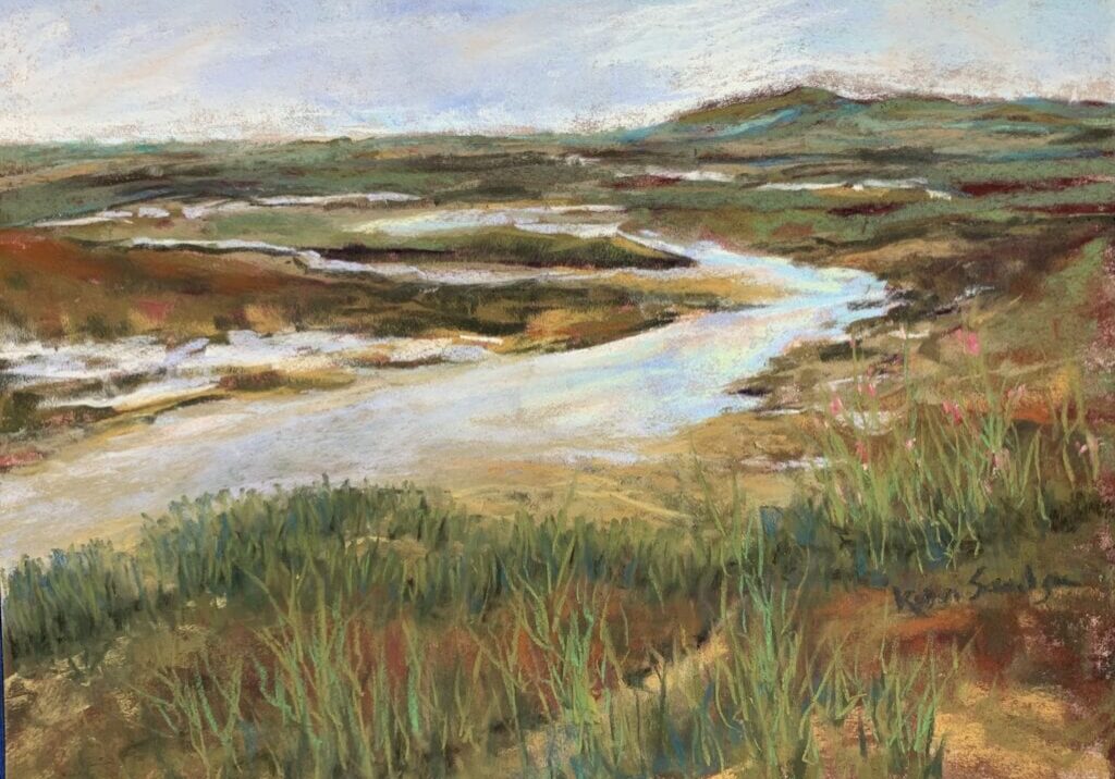 Landscape painting with river and grassy fields.
