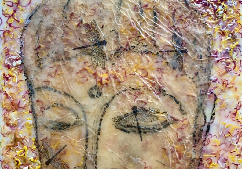 A painting of a face with clocks on it.