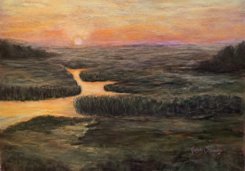 Sunset over a serene river landscape painting.