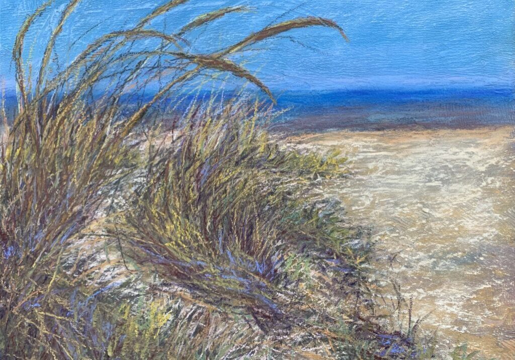 Beach dunes with grass and blue sky.