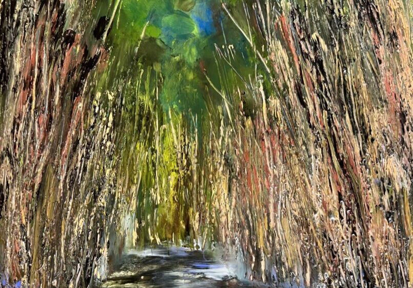 Forest pathway with vibrant, abstract colors.