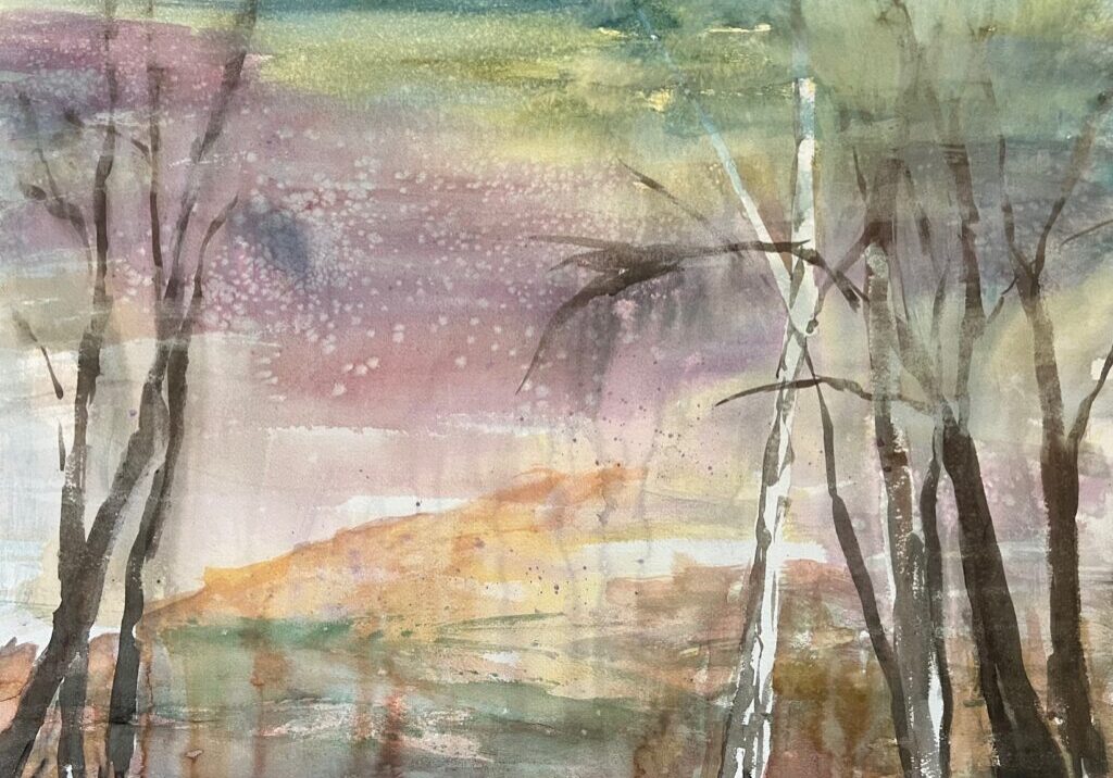 Abstract watercolor landscape with trees and sky.