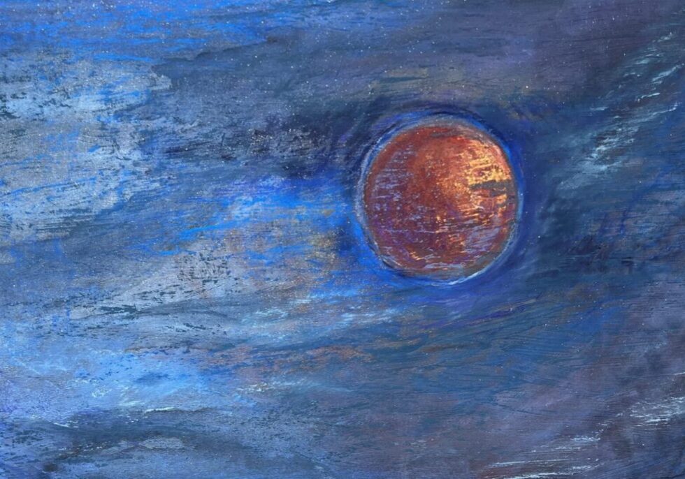 Abstract blue textured painting with red orb