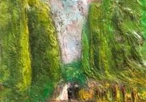 Colorful abstract painting of trees and path.