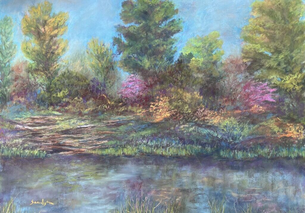 Colorful landscape painting with trees and water.