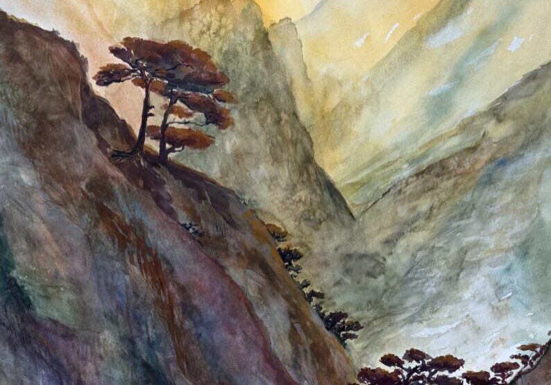 Watercolor mountain landscape with clifftop pines
