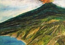 Volcano erupting near coast and green hills.