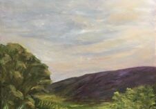Landscape painting with flowers and cloudy sky.