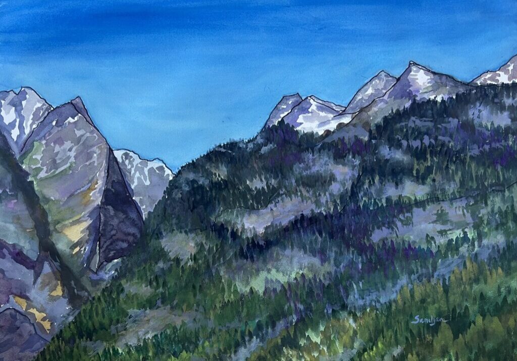 Mountain landscape painting with blue sky.