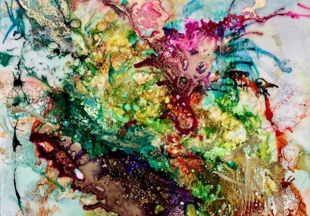 A painting of flowers and plants in water.