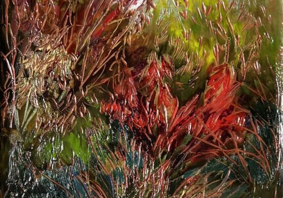 Colorful abstract painting of plants and sky.