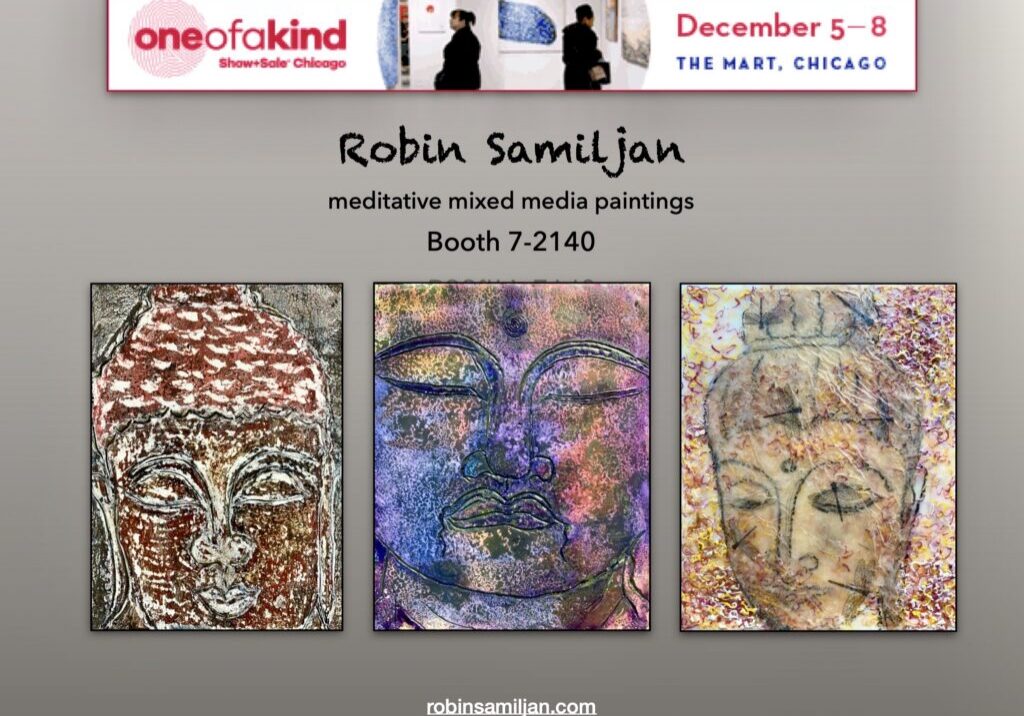 Art exhibition poster with three abstract faces.