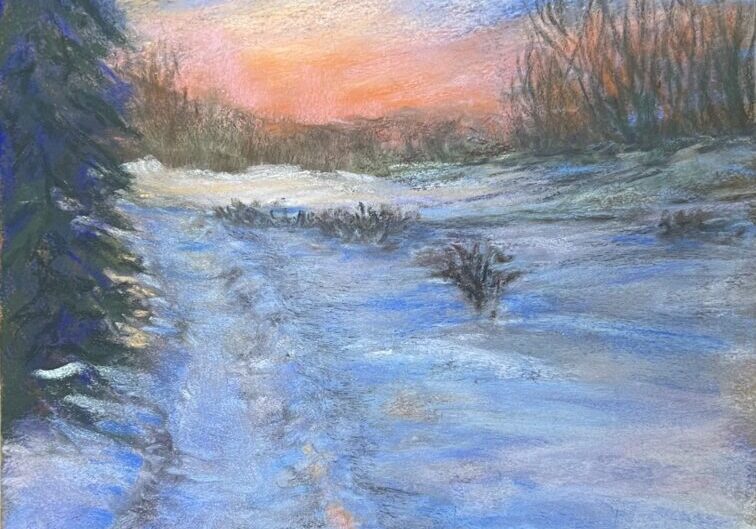Snowy landscape with sunset sky painting.
