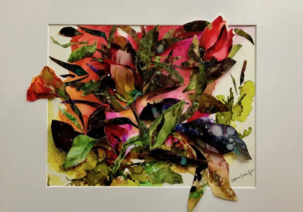Colorful abstract floral painting with vibrant hues.
