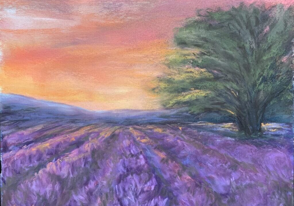 Lavender field painting with sunset and tree.