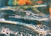 Abstract ocean waves and colorful sky painting.