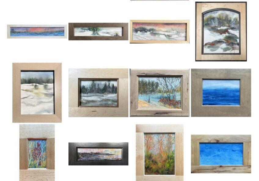 Framed landscape paintings arranged in a grid.