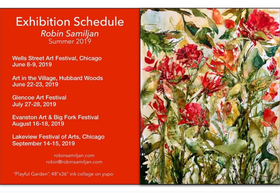 Art exhibition schedule with floral artwork.