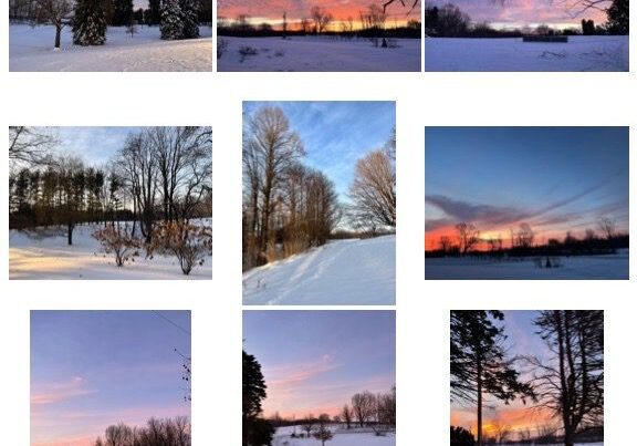 Winter landscapes with colorful sunset skies.
